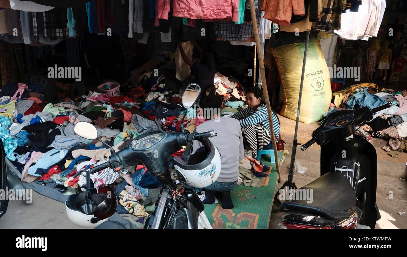 Cheap Clothes Street Vendor  Authentic Battambang Cambodia South East Asia Stock Photo