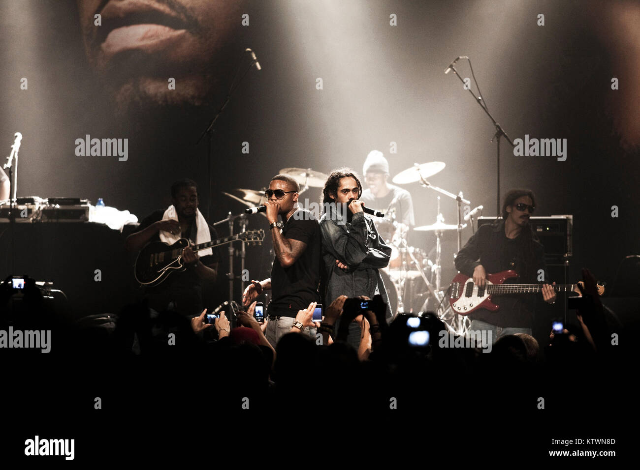 The American rapper Nas (L) and the Jamaican reggae artist Damian Marley (R) released the common album ‘Distant Relatives’ and are here pictured at a live concert at Vega in Copenhagen. Denmark 06/07 2010. Stock Photo