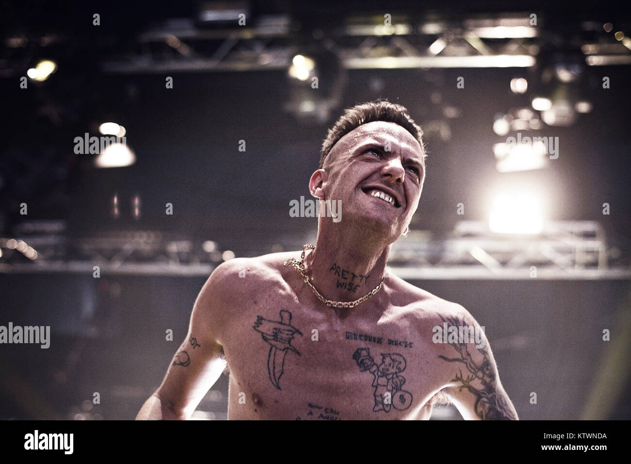 The South African rap duo Die Antwoord performs a live concert at Roskilde Festival 2010. The band consists of the two rave-vocalist Ninja (pictured) and Yo-Landi Vi$$er who perform lyrics in Afrikaans, Xhosa and English. Denmark, 04/07 2010. Stock Photo