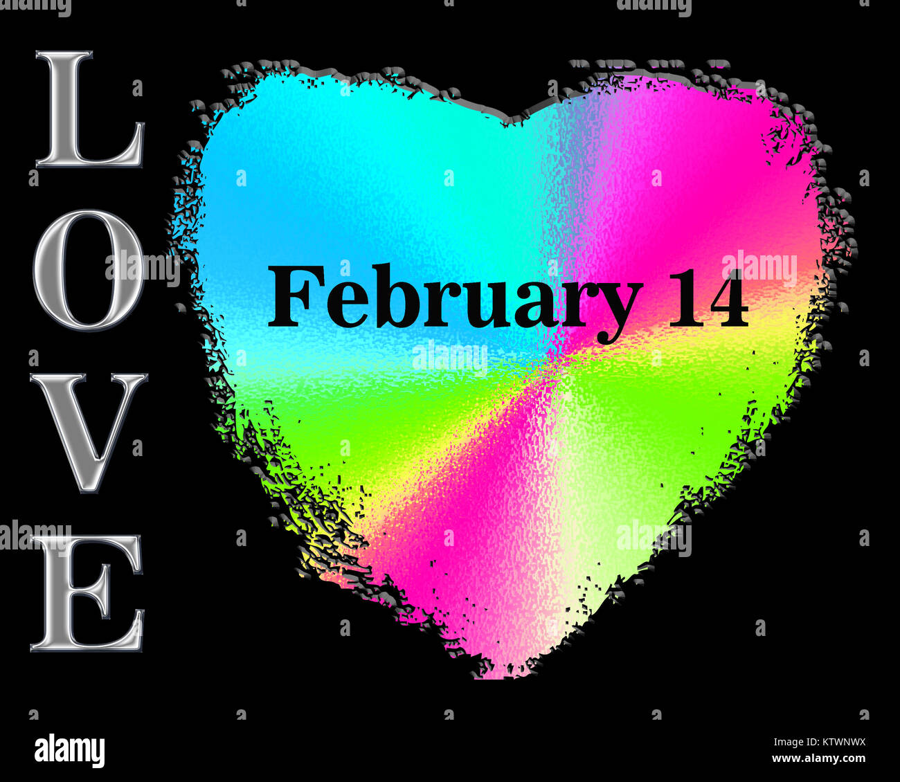 Vibrant rainbow colored Valentine heart on black background.   The words LOVE and FEBRUARY 14 Stock Photo