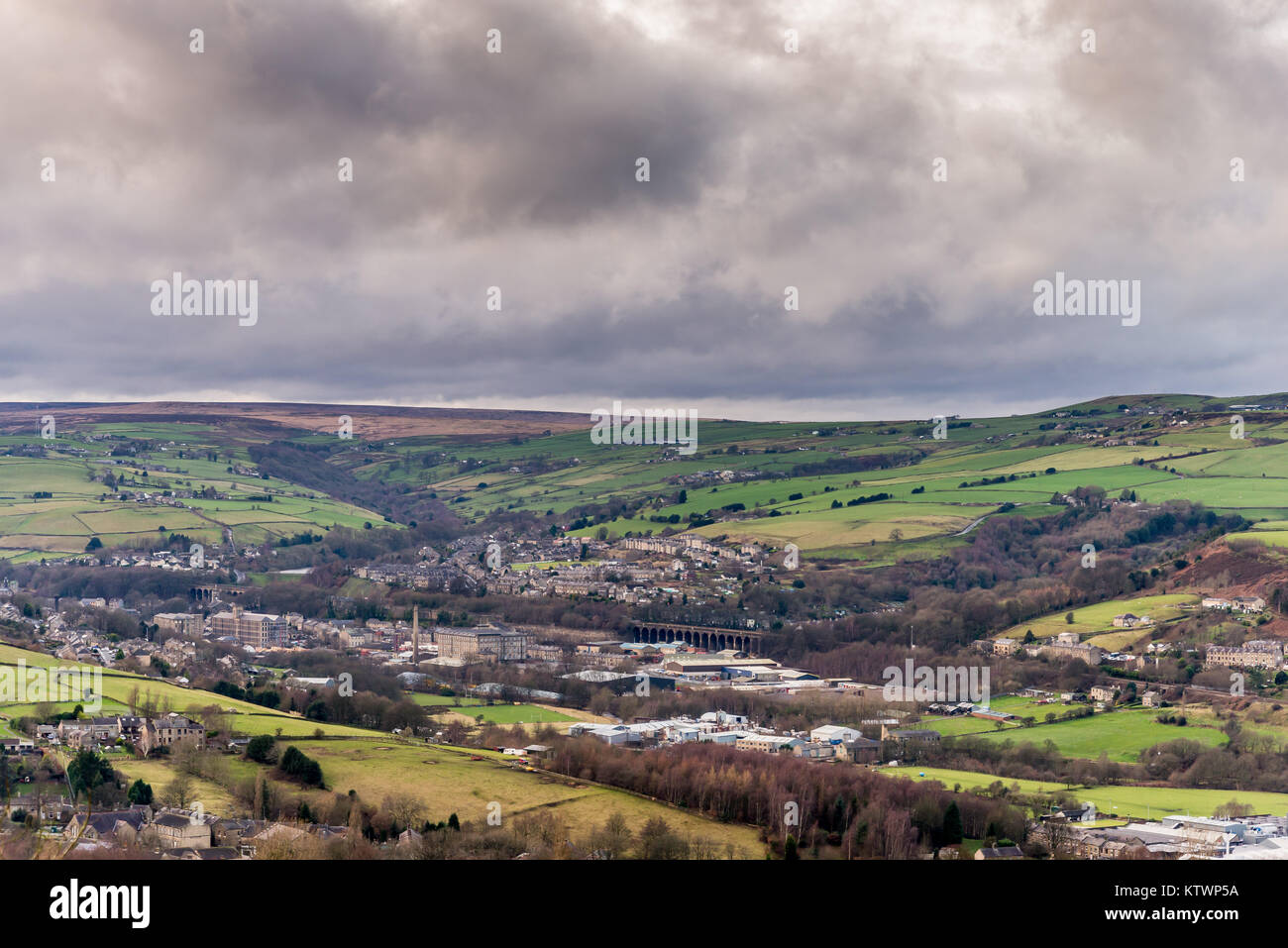 A view of Slaithwaite, Huddersfield, West Yorkshire, England, UK taken from Crosland Heath golf club. Stock Photo