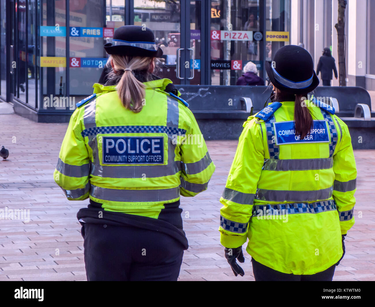 Female Police Community Support Officers patrolling Sheffield City Centre Stock Photo