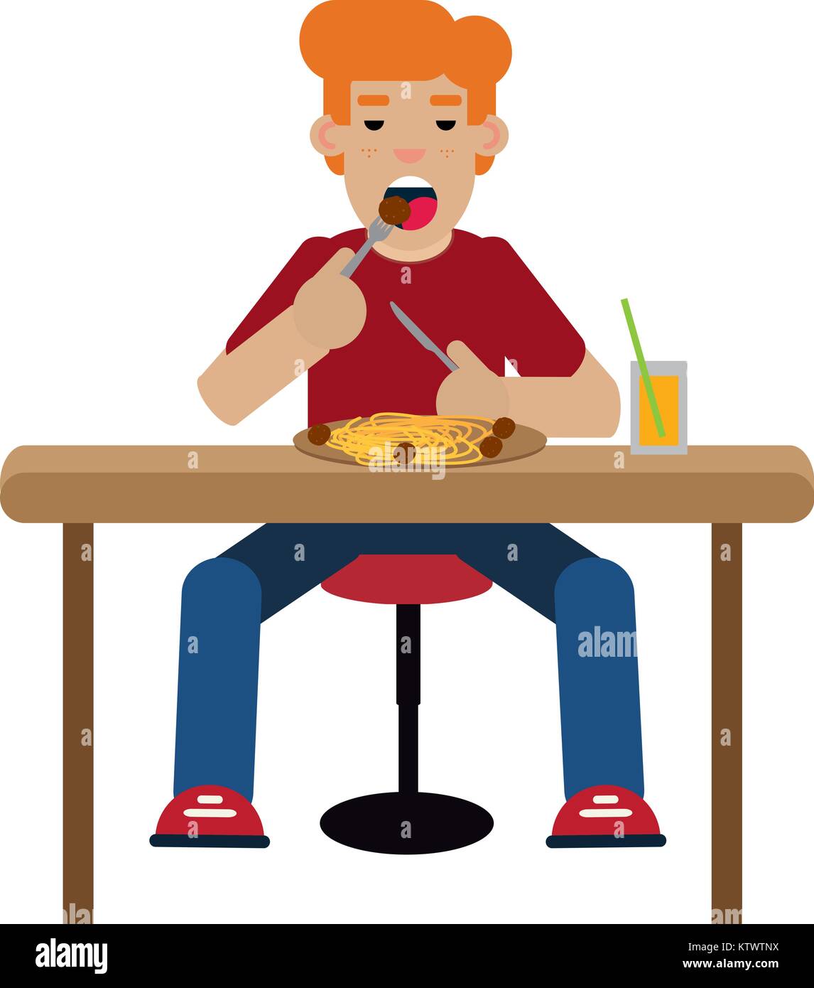 Boy eating spaghetti with meatballs Stock Vector