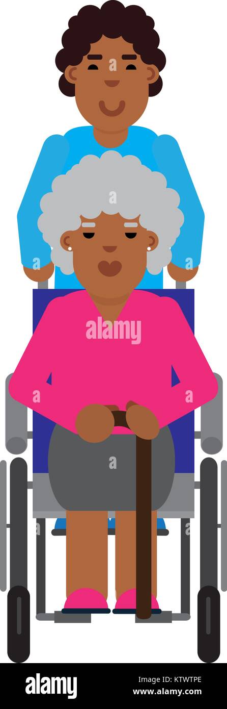 African man taking care of an elderly woman in a wheelchair Stock Vector