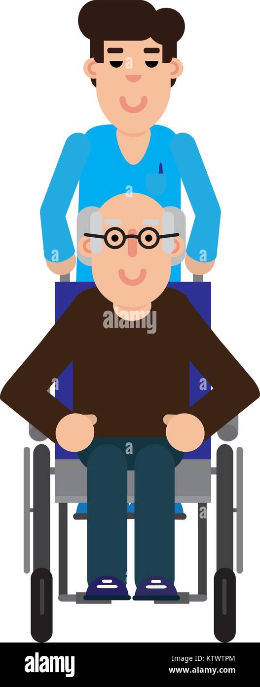 Man caring for an elderly man in a wheelchair Stock Vector