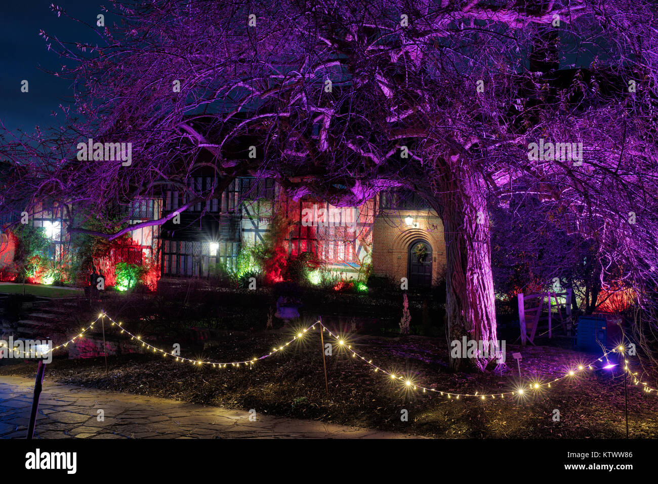 Christmas lights outside the Laboratory building. RHS Wisley gardens