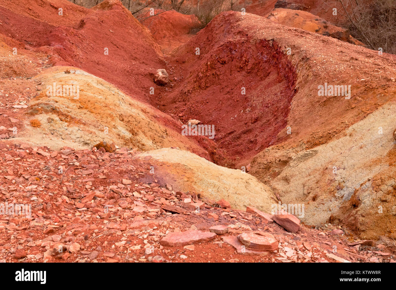 Weathering and surface erosion on an open area, eroded land Stock Photo