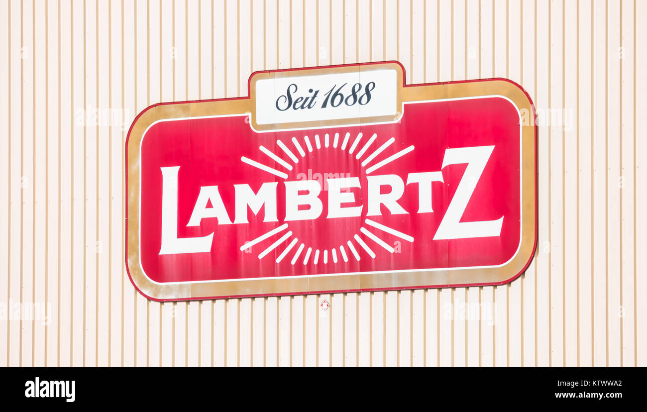 Lambertz Logo on a factory building. The Lambertz Group is a Aachener Printen- and chocolate factory founded by Henry Lambertz 1688 and a manufacturer Stock Photo
