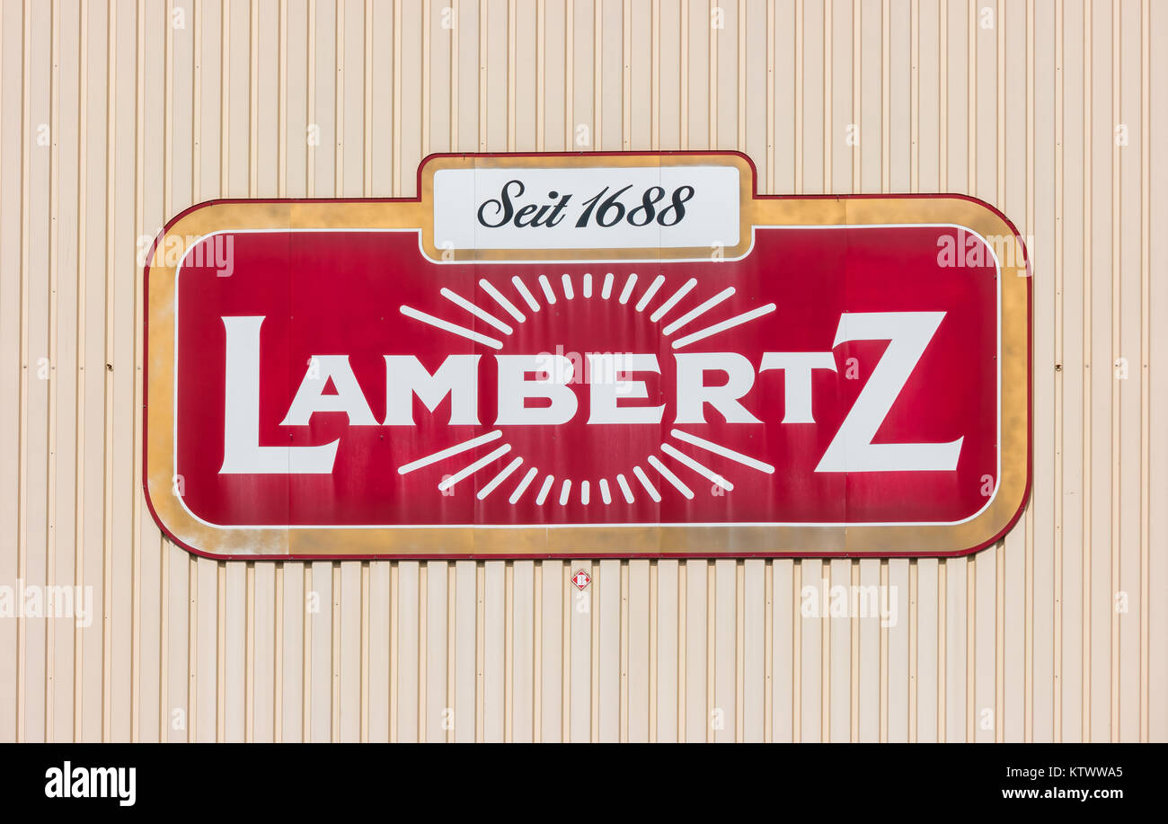 Lambertz Logo on a factory building. The Lambertz Group is a Aachener Printen- and chocolate factory founded by Henry Lambertz 1688 and a manufacturer Stock Photo