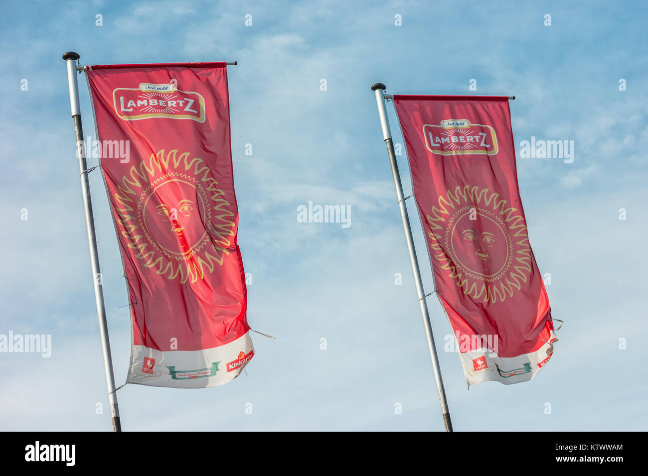 Lambertz factory flags. The Lambertz Group is a Aachener Printen- and chocolate factory founded by Henry Lambertz 1688 and a manufacturer Christmas Stock Photo