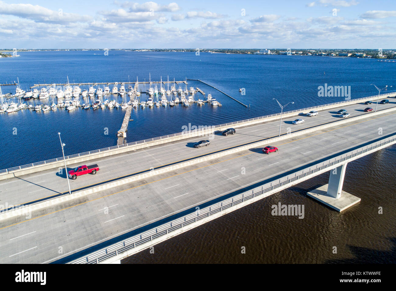 Stuart Florida,St. Saint Lucie River,Highway Route 1 One Federal Highway Bridge,aerial overhead view,FL17121408d Stock Photo