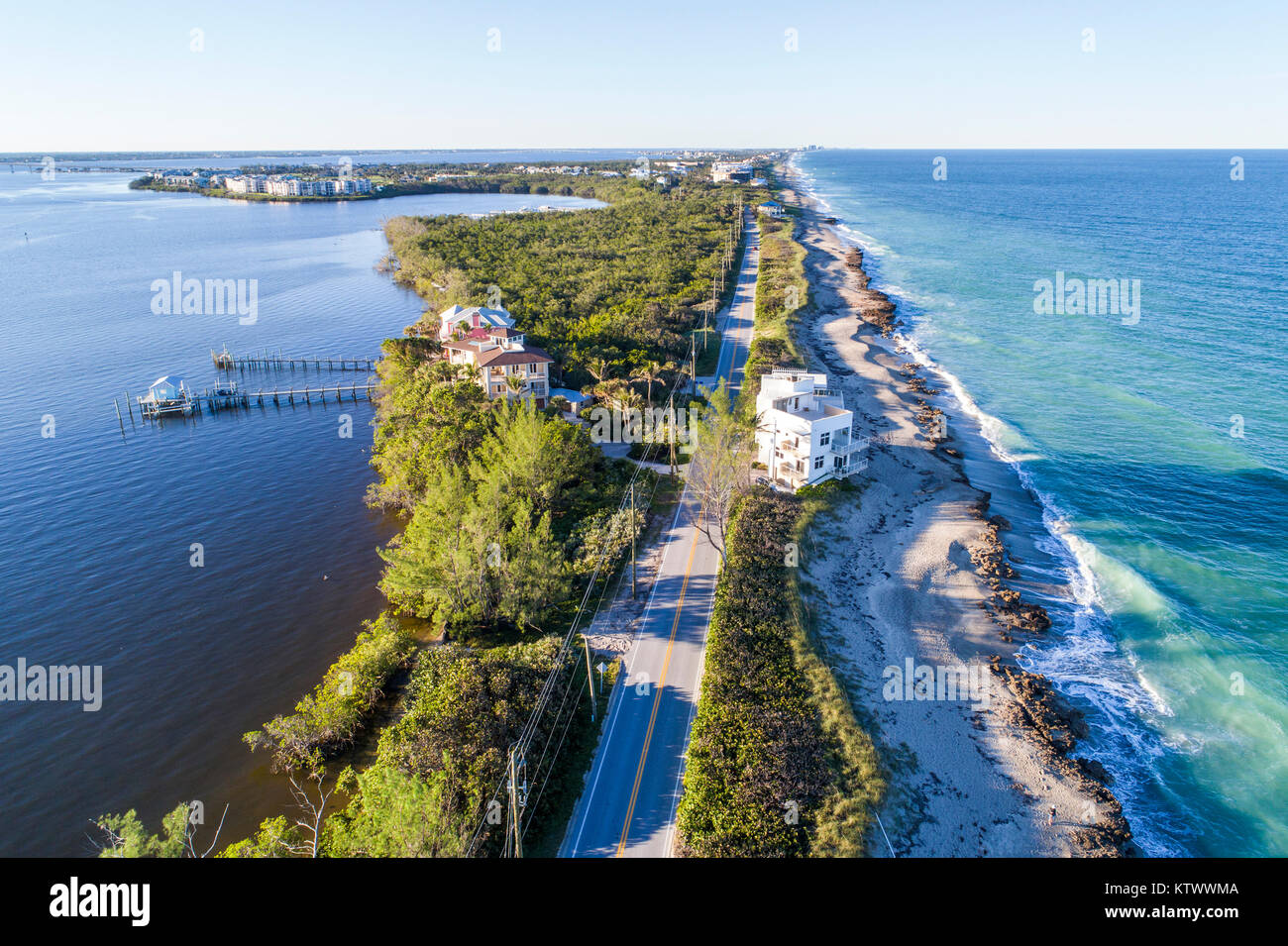 Florida Hutchinson Island,Stuart,Atlantic Ocean,Indian River Ecological Lagoon,Ross Witham Beach Fletcher Beach aerial overhead view above Stock Photo