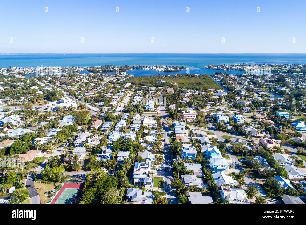 Anna Maria Island Florida,Holmes Beach,Bimini Bay,Tampa Bay,houses homes residences,aerial overhead view,FL17121454d Stock Photo