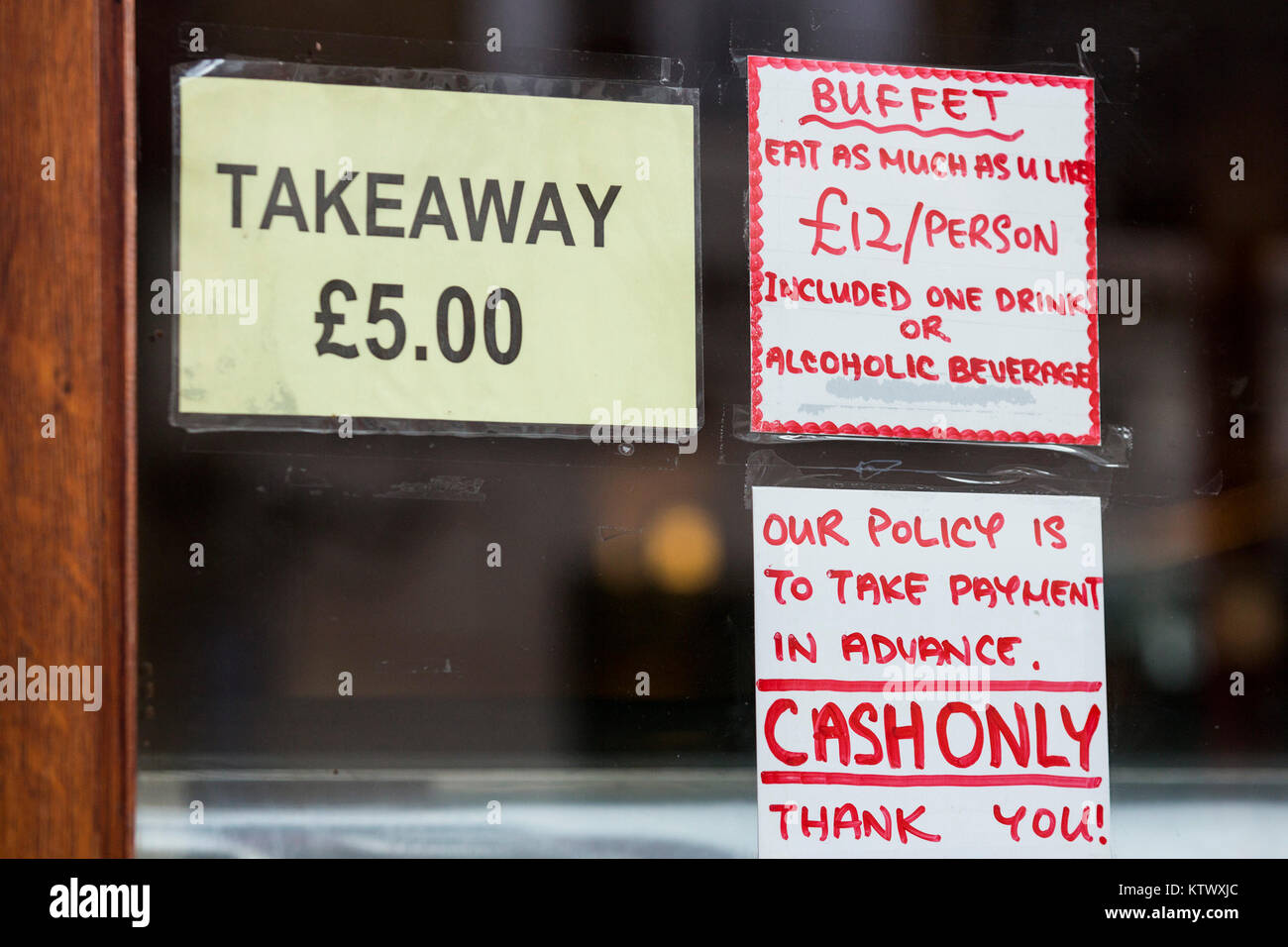 Takeaway sign outside a Chinese restaurant in London's Chinatown, London, England, United Kingdom Stock Photo
