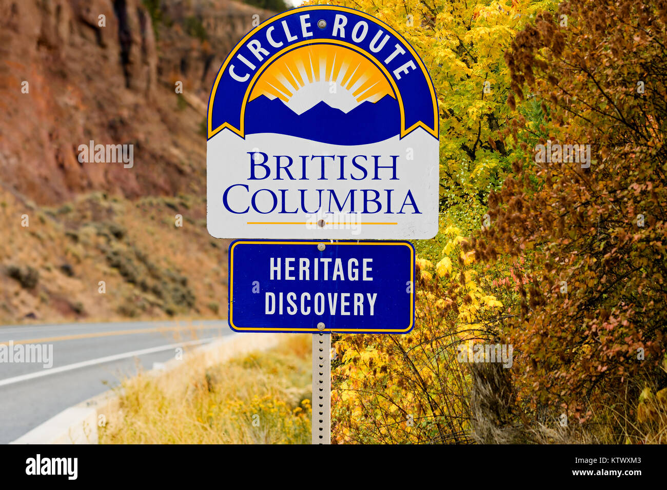 Road Sign of Heritage Discovery Circle Route, British Columbia, Canada Stock Photo