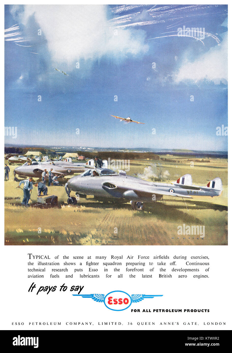 1951 British advertisement for Esso aviation fuel, featuring the de Havilland Vampire jet fighter aircraft. Stock Photo