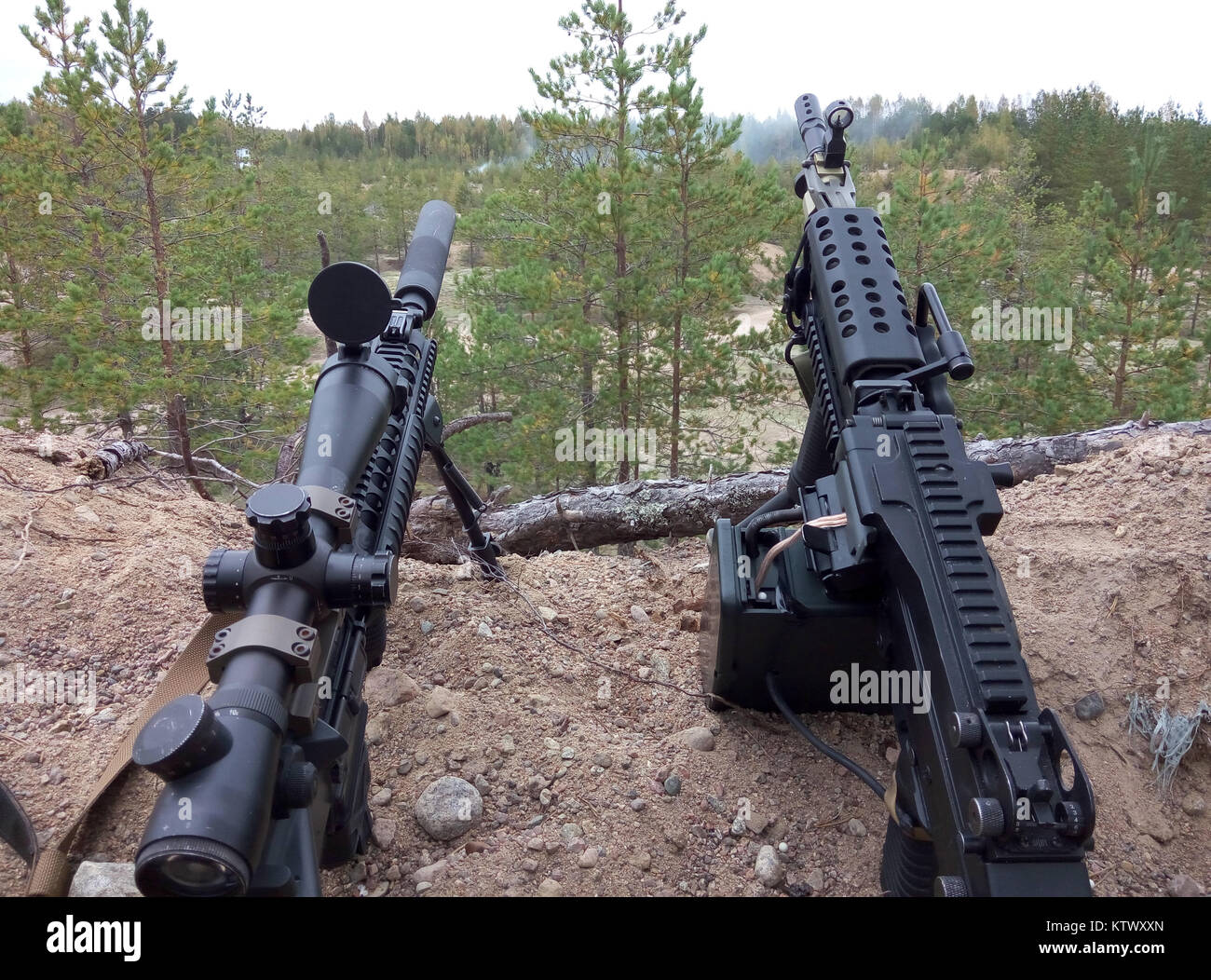Assault rifle and machine gun on the background of pine forests and sand. Stock Photo