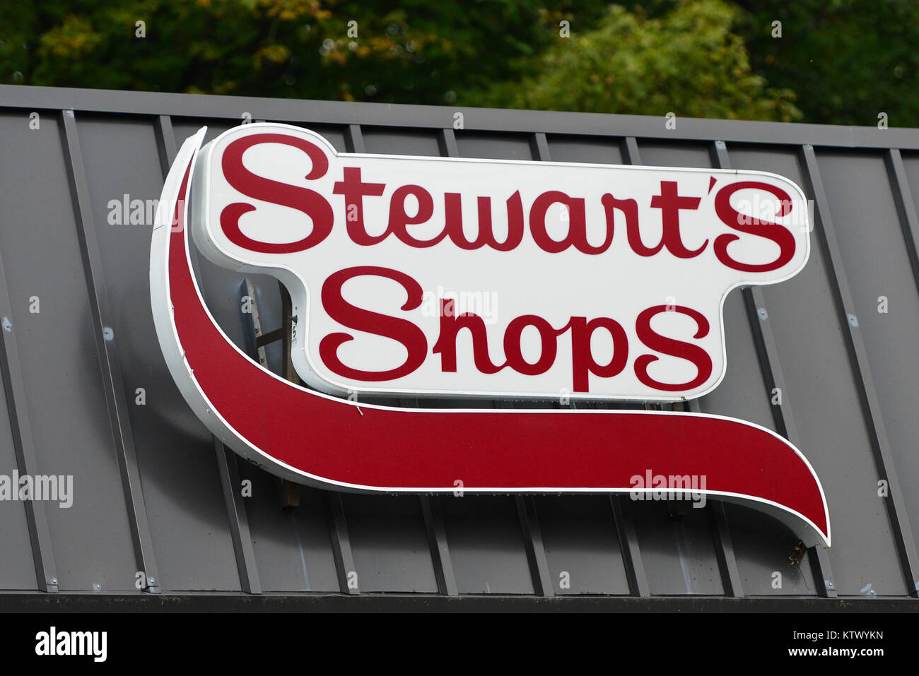 Red and white sign on a Stewart's Shops convenience store, part of a chain of gas stations and convenience stores in Upstate New York, USA Stock Photo