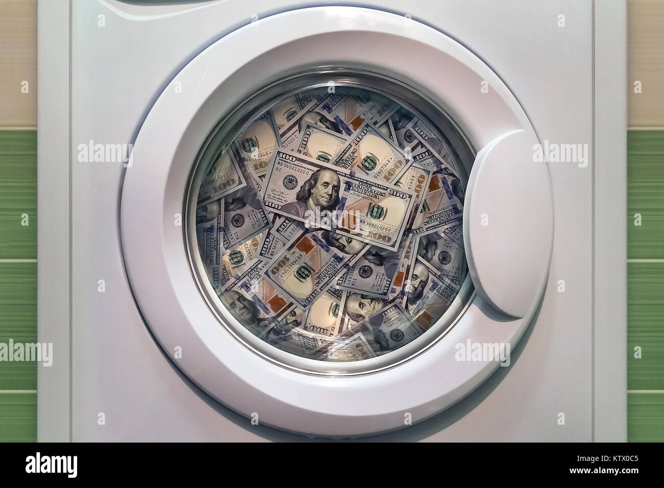 money in washing machine close up. concept of laundering illegal money