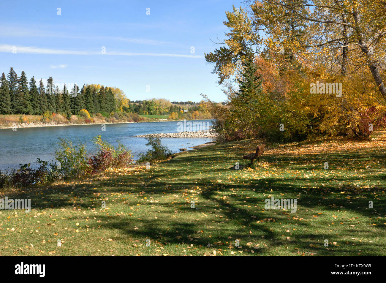 Fall Landscapes by the Bow River, Bowness Park, Calgary, Alberta, Canada. Stock Photo