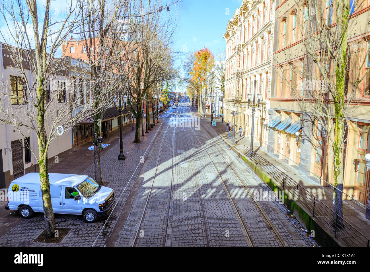 Portland, United States - Dec 21, 2017 : Road view NW 1st Ave near Willamette river in downtown Portland Stock Photo