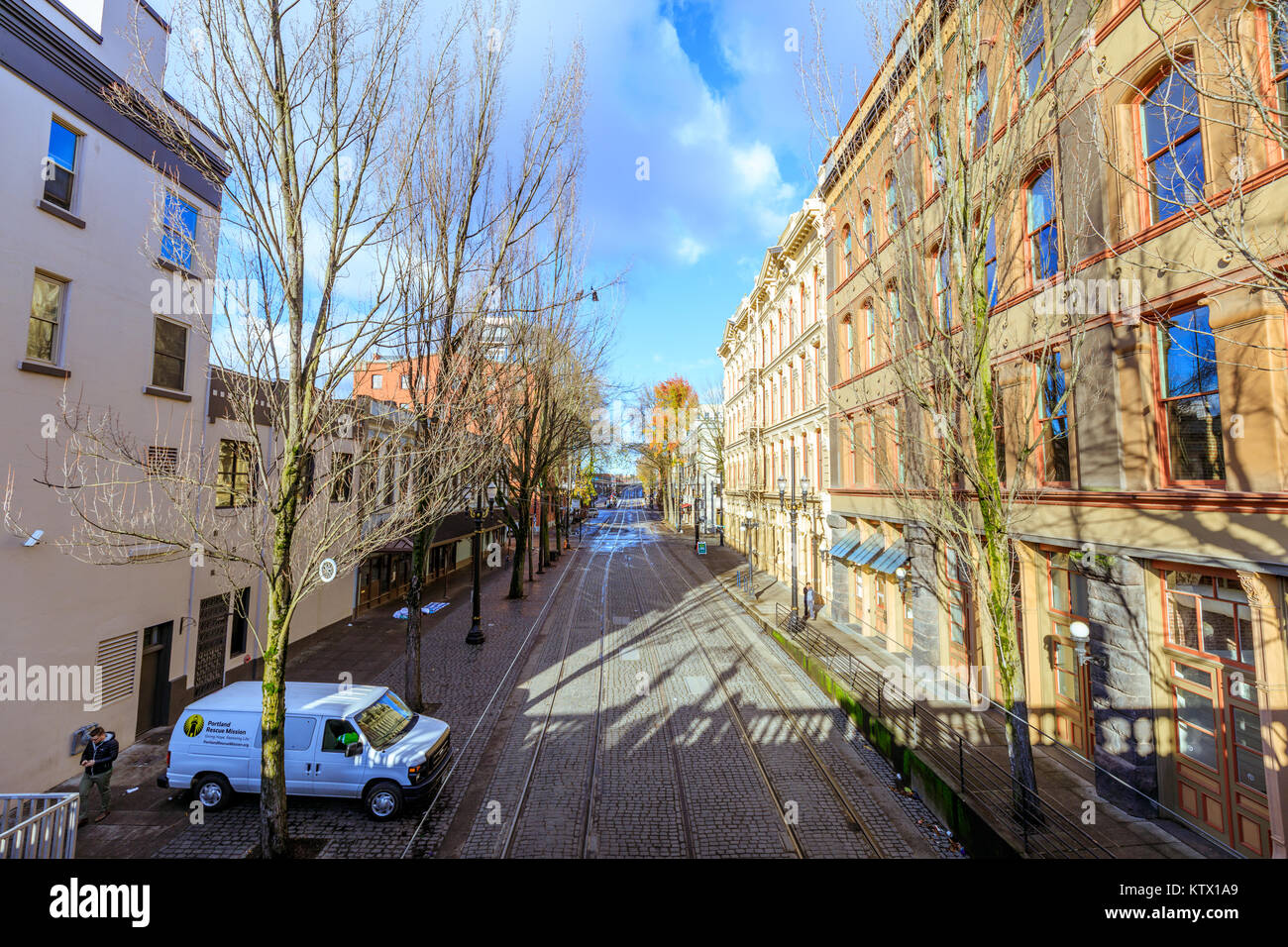 Portland, United States - Dec 21, 2017 : Road view NW 1st Ave near Willamette river in downtown Portland Stock Photo
