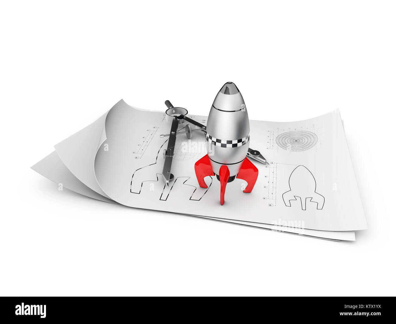 3d illustration of rocket space ship on the drawing, isolated white. Simple retro spaceship Stock Photo - Alamy