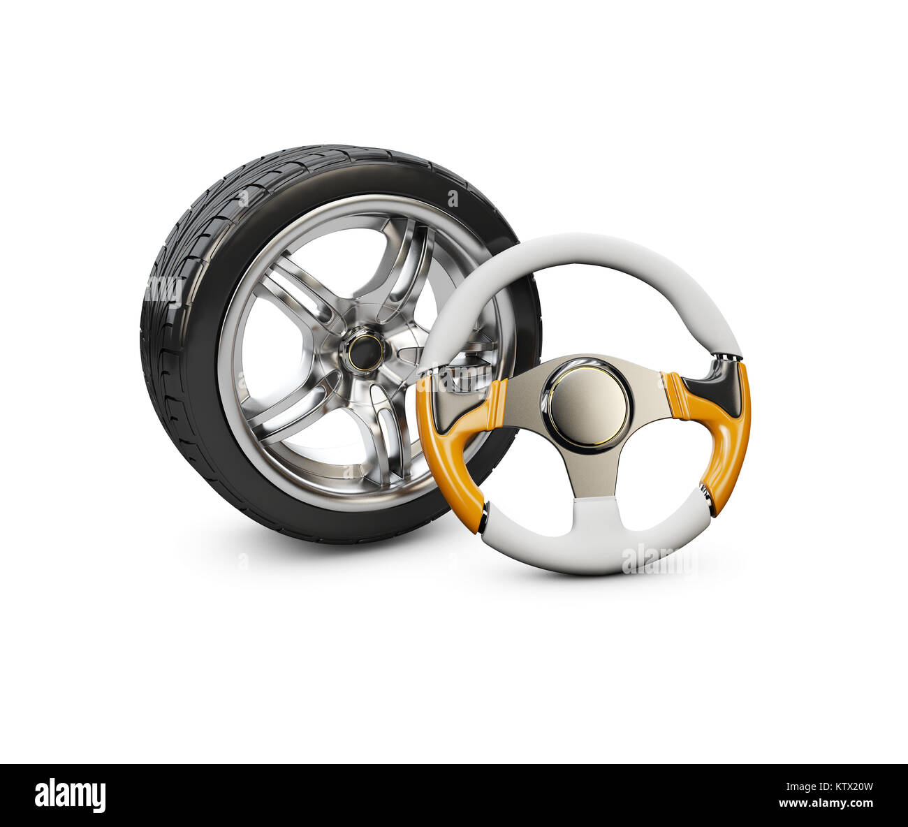 3d Illustration of car steering wheel and wheel , isolated white Stock ...