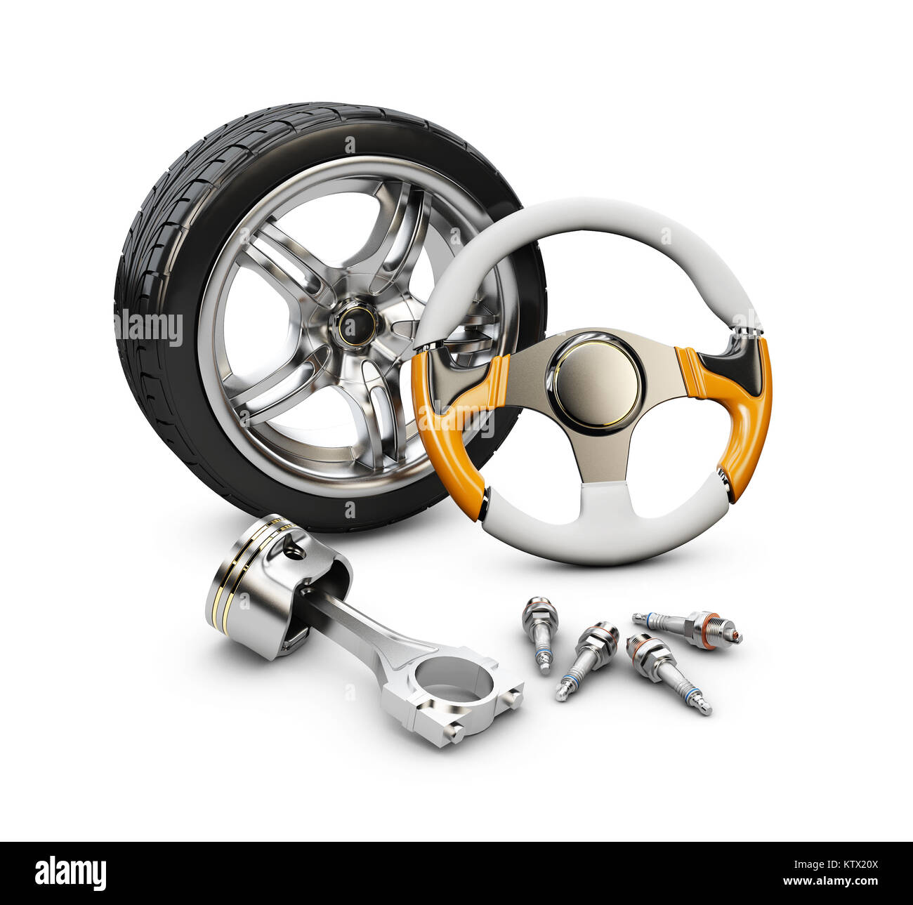 3d Illustration of car steering wheel, piston and wheel , isolated