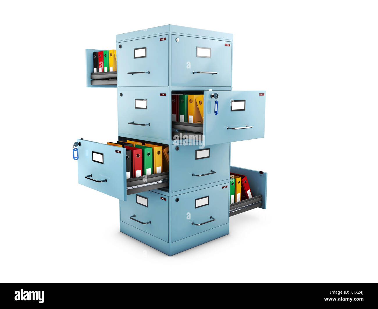 3d Illustration of Filing cabinet with a folders in an open drawers open on all sides. Stock Photo