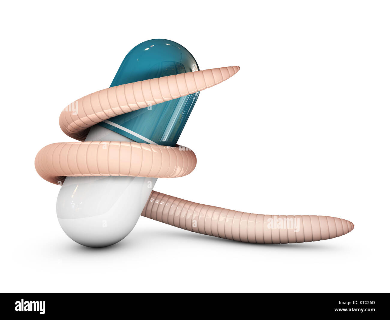 Parasitic worm around a pill, 3d Illustration isolated white. Stock Photo