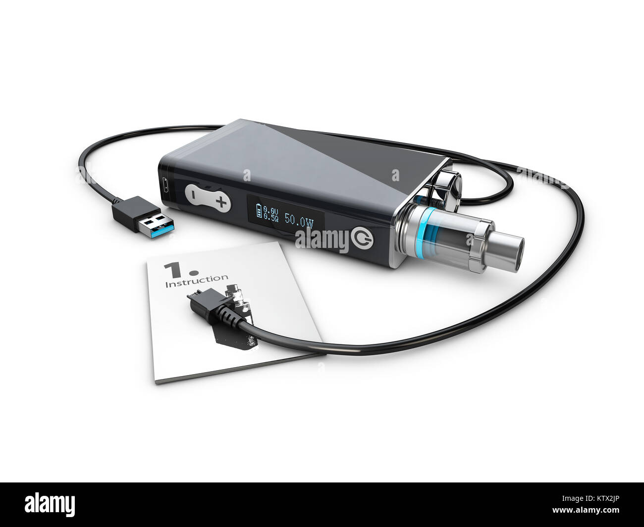 Vape with charge cable. Electronic Cigarette, 3d Illustration isolated  white Stock Photo