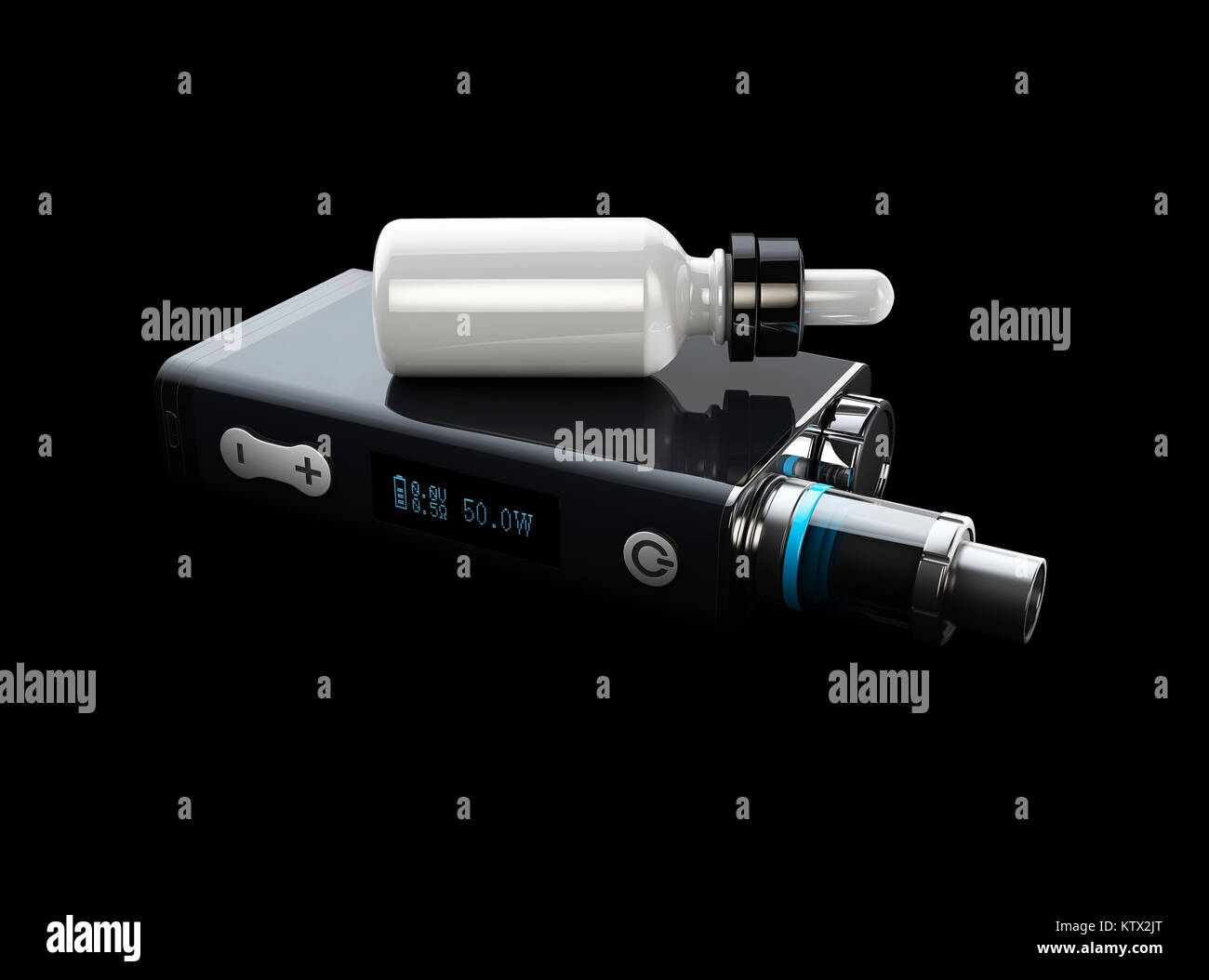 Vape Object 3d Illustration of Vape and Bottle with aromatic oil, isolated black ...
