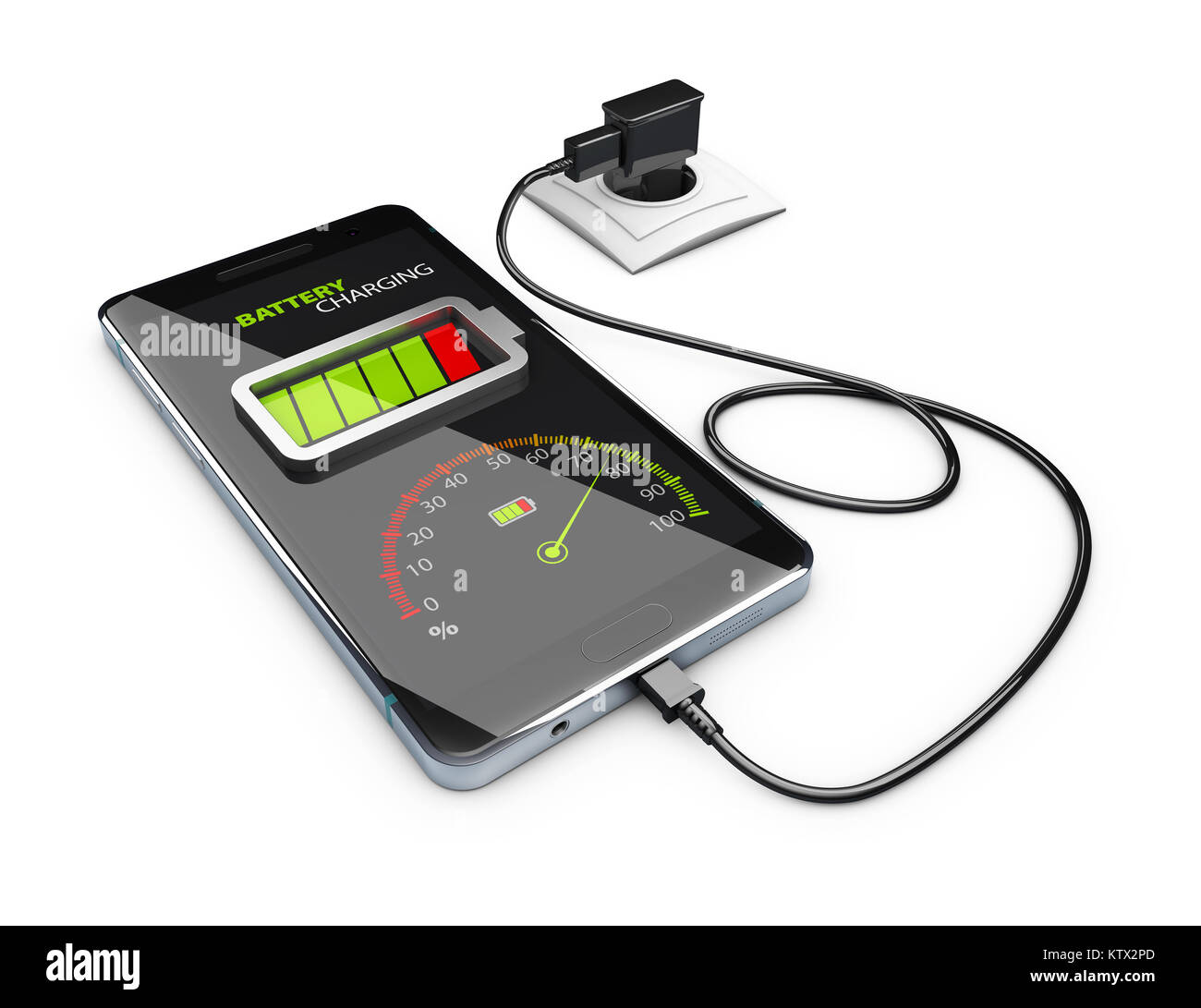 Smart phone charging battery. 3d Illustration isolated white Stock