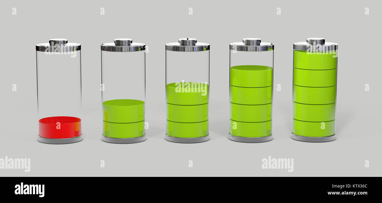 Battery charging. Battery charge level indicators isolated on grey. 3d ...