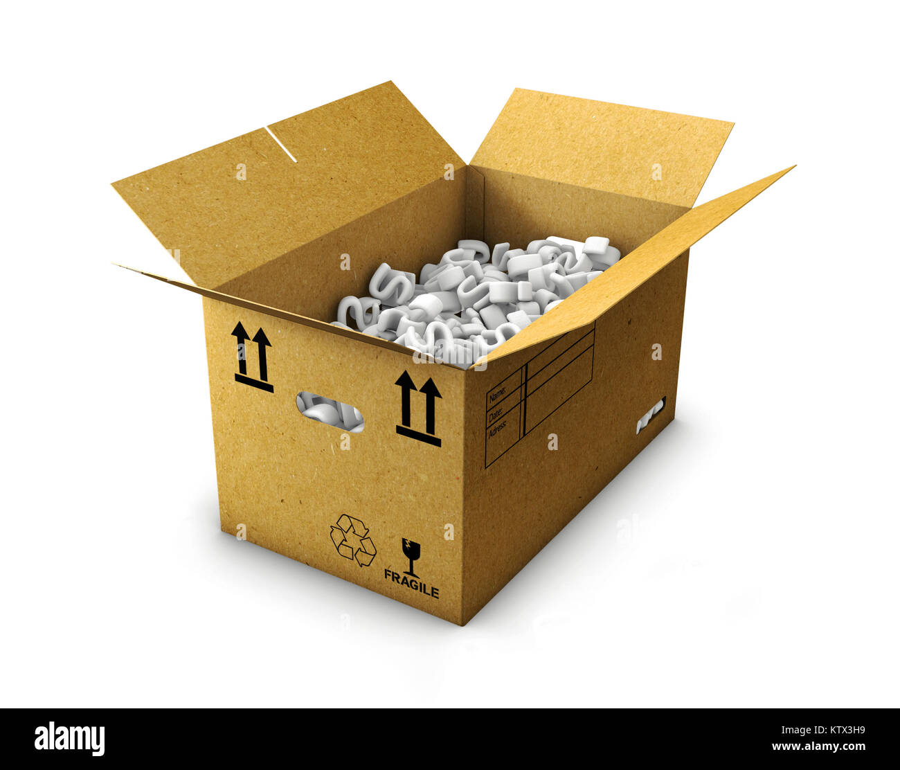 Open cardboard box on white background 3d Illustration Stock Photo - Alamy