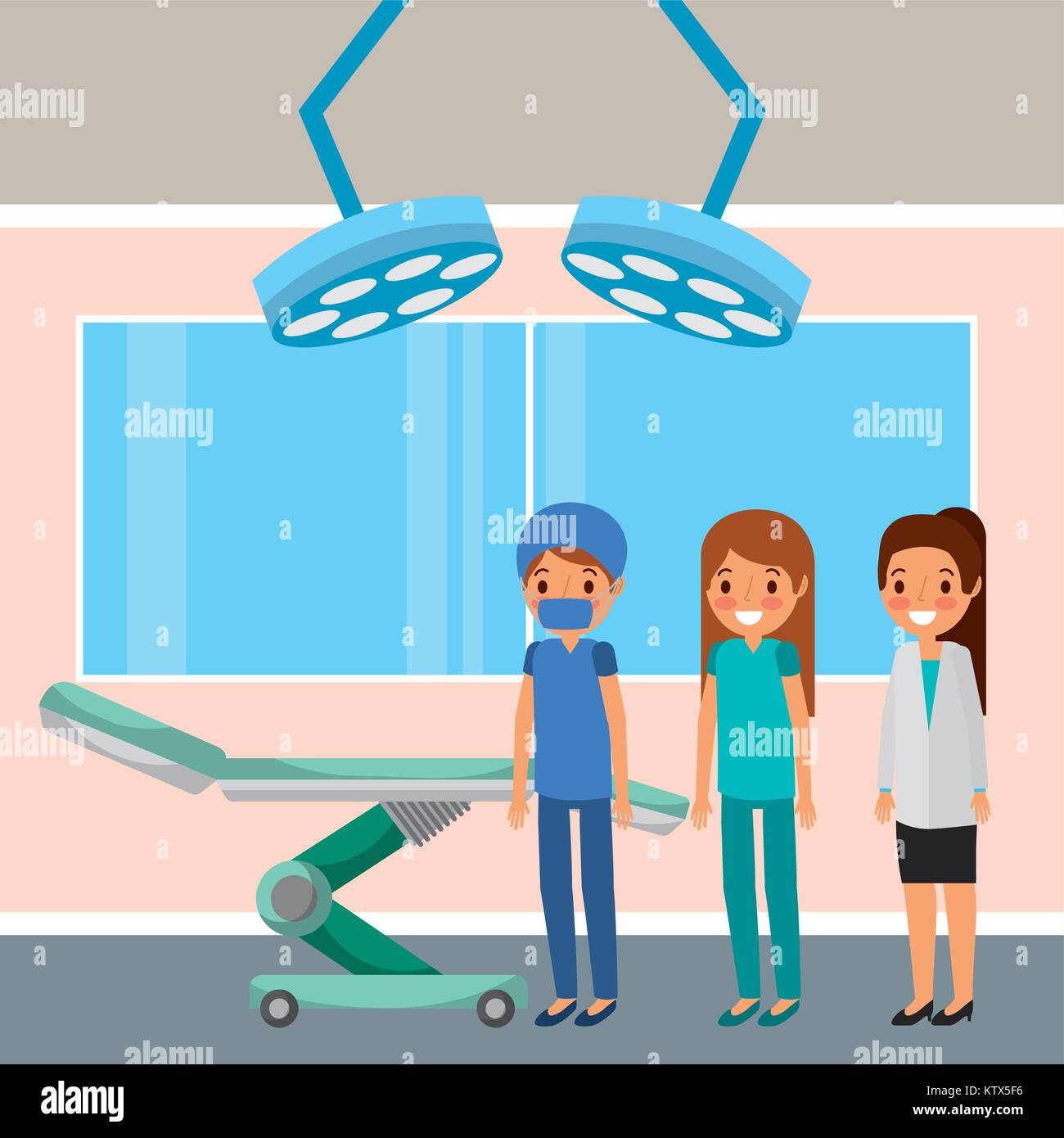 doctors female standing in room with wheel bed lights and window Stock