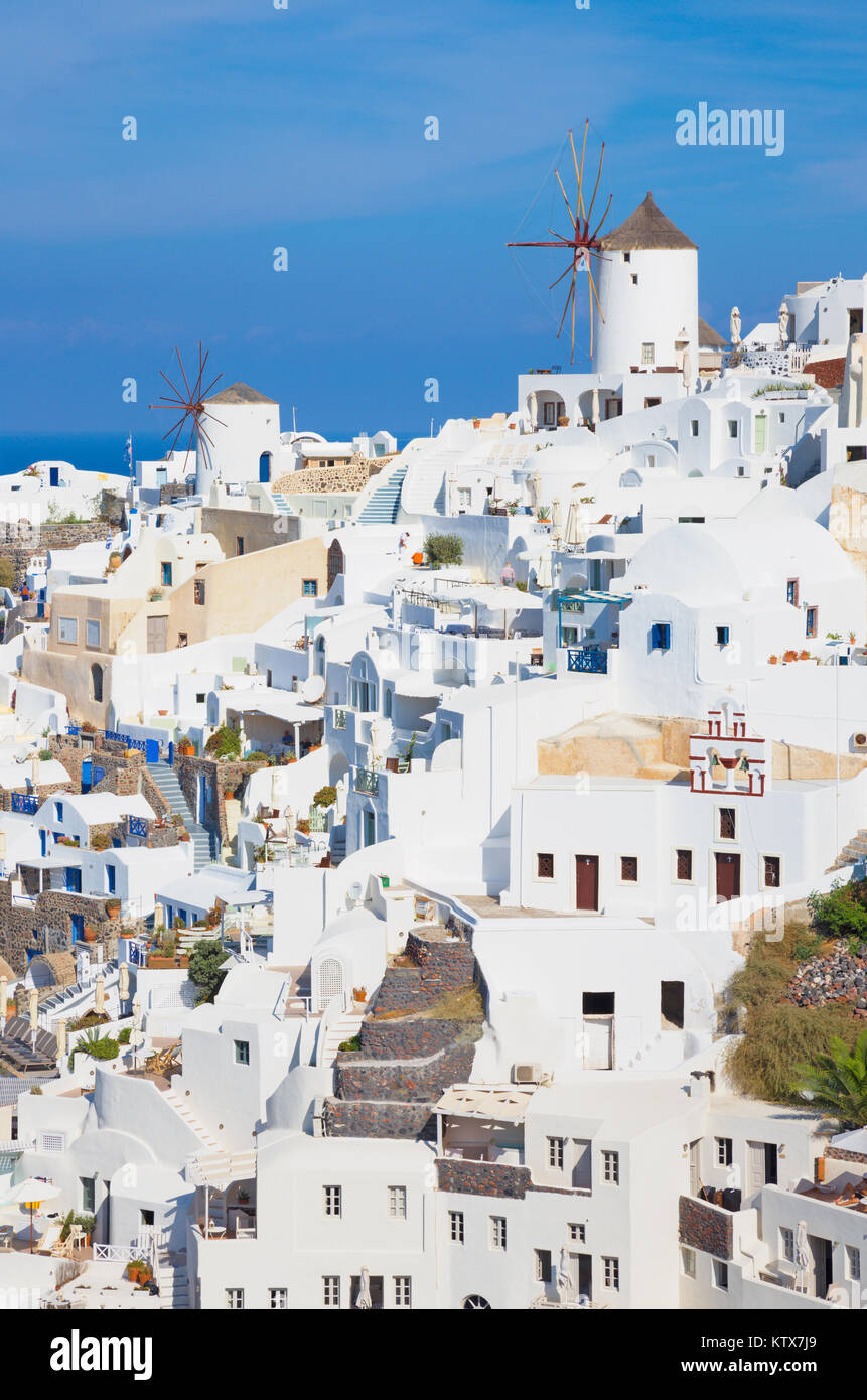 Santorini - The look to part of Oia with the windmills. Stock Photo