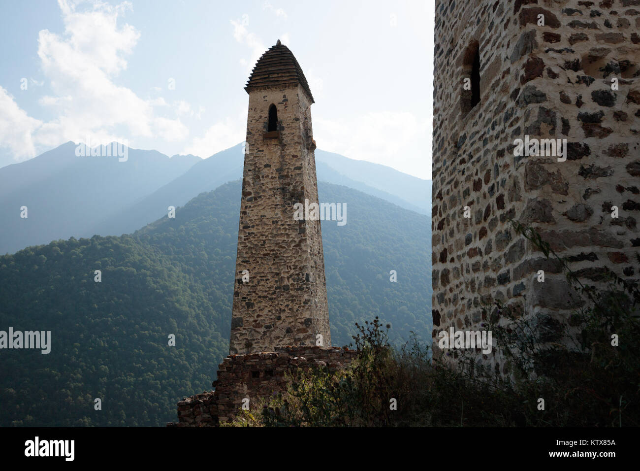 Military tower of Nakh medieval architecture, typical Vainakh towers were built on a square base, ranging from 6 to 12 m wide and 10 to 25 m high Stock Photo