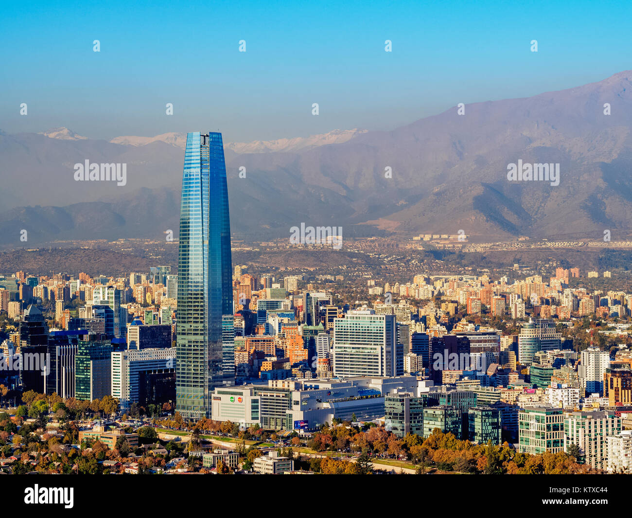 Providencia with Gran Torre Santiago seen from the Metropolitan Park, Santiago, Chile, South America Stock Photo