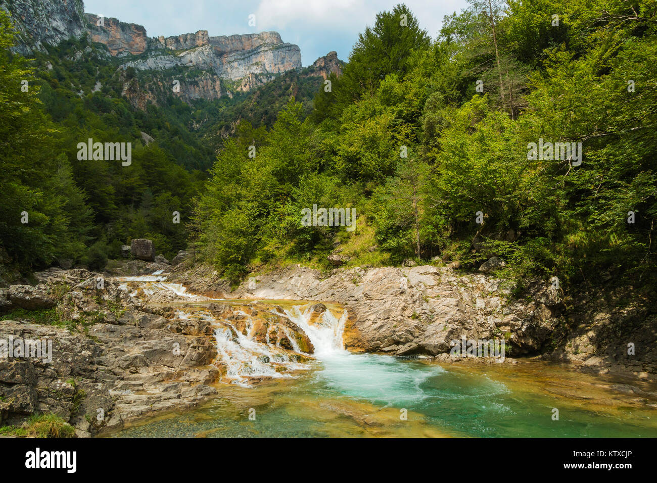 Waterfall on Rio Bellos river in the limestone Anisclo Canyon, Ordesa National Park, Anisclo, Pyrenees, Aragon, Spain, Europe Stock Photo