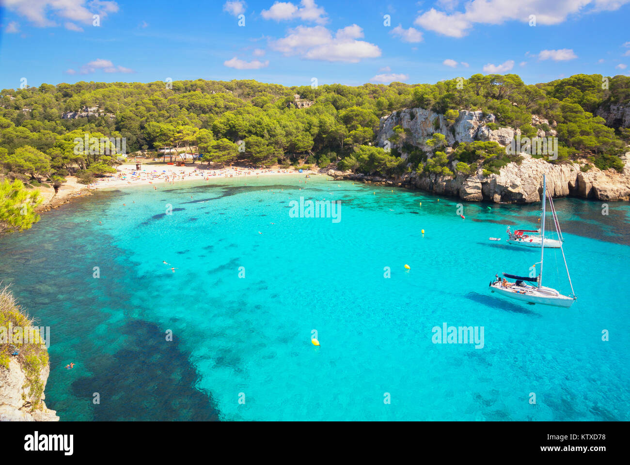 View of Cala Macarella and sailboats, Menorca, Balearic Islands, Spain, Mediterranean, Europe Stock Photo