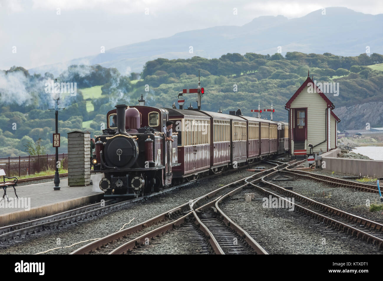 Narrow gauge Blaenau Ffestiniog railway station at Porthmadog, train