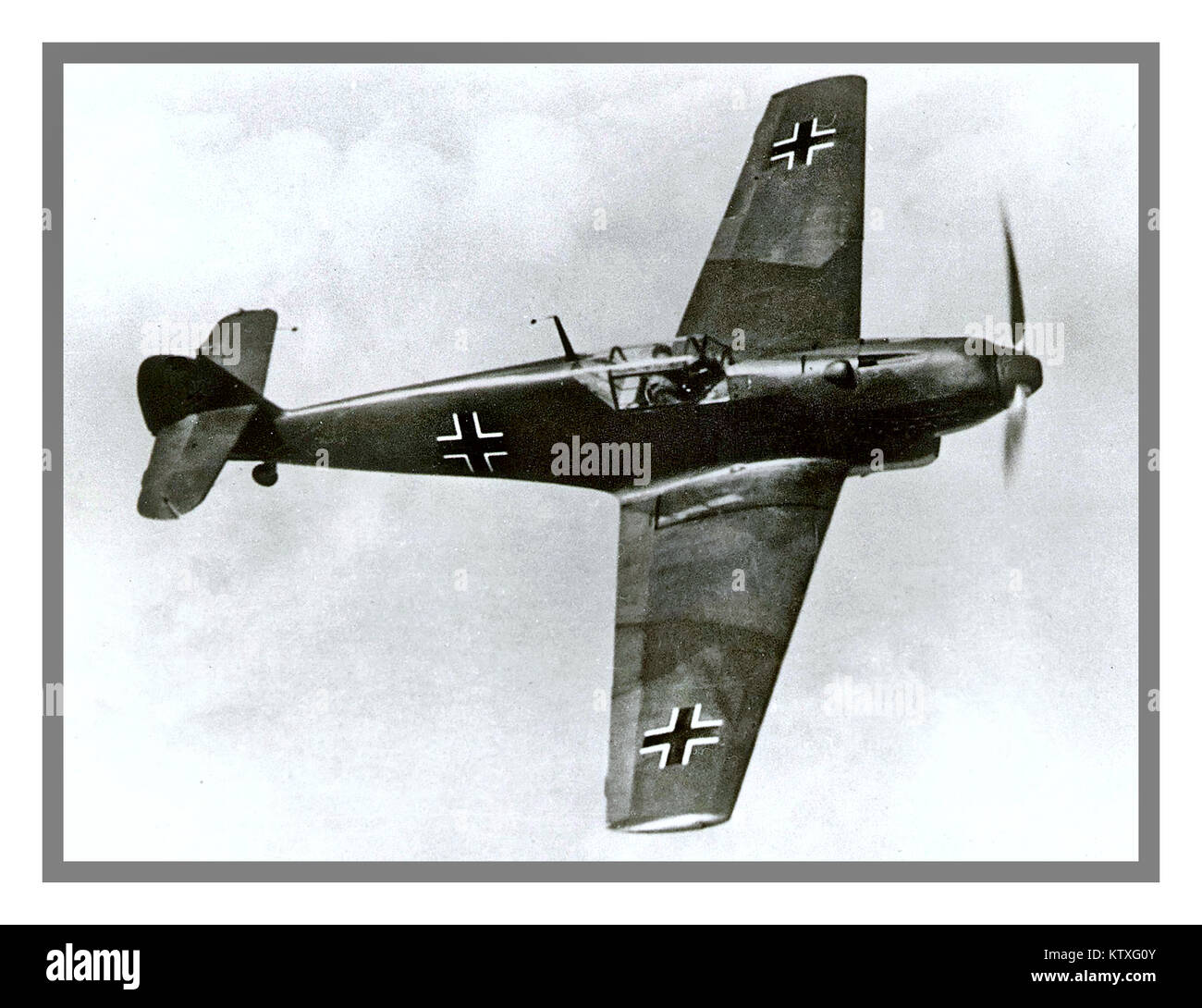 WW2 Messerschmitt-Bf-109 Fighter aircraft used by Nazi Germany Luftwaffe during World War 11 1940's legendary backbone of the Luftwaffe's fighter force but not quite a match for The Battle of Britain Spitfire fighter aircraft Stock Photo