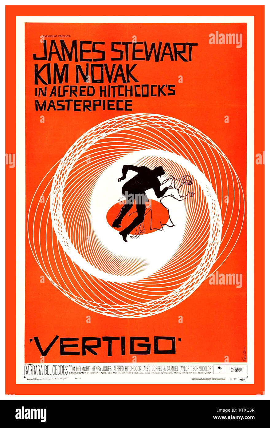 Retro vintage 1958 Film Poster Vertigo by Alfred Hitchcock A psychological thriller film produced by Alfred Hitchcock based on the novel D’entre les morts by Boileau-Narcejac in 1940. Starring James Stewart and Kim Novak Stock Photo
