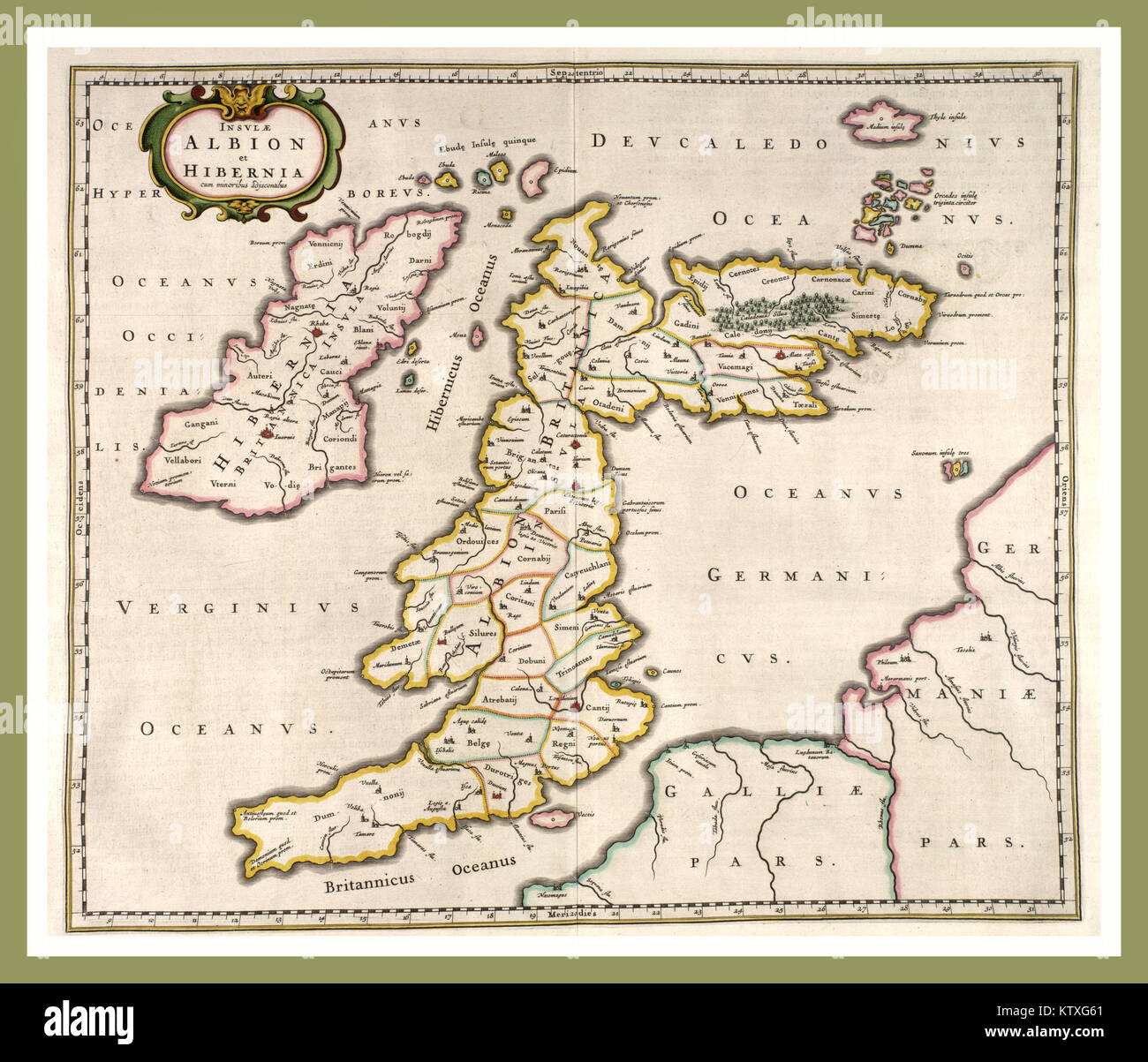 Early Map of Great Britain England and Scotland written in Latin dated 1654 (Albion and Hibernia) Stock Photo