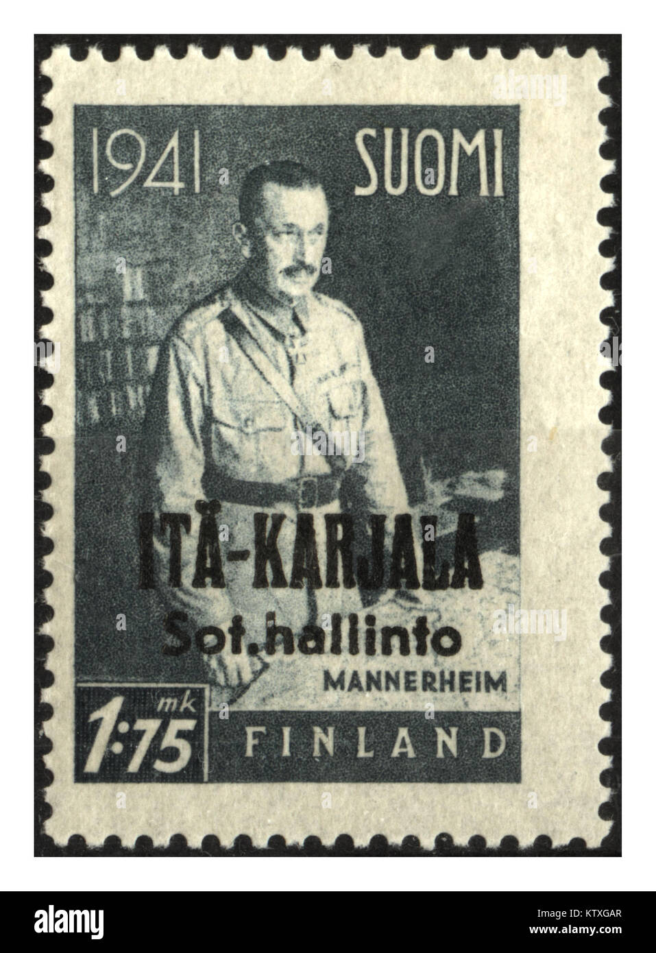 1941 WW2 Finnish stamp featuring Gustav Mannerheim the wartime leader and hero of the Finnish people and Finland Stock Photo