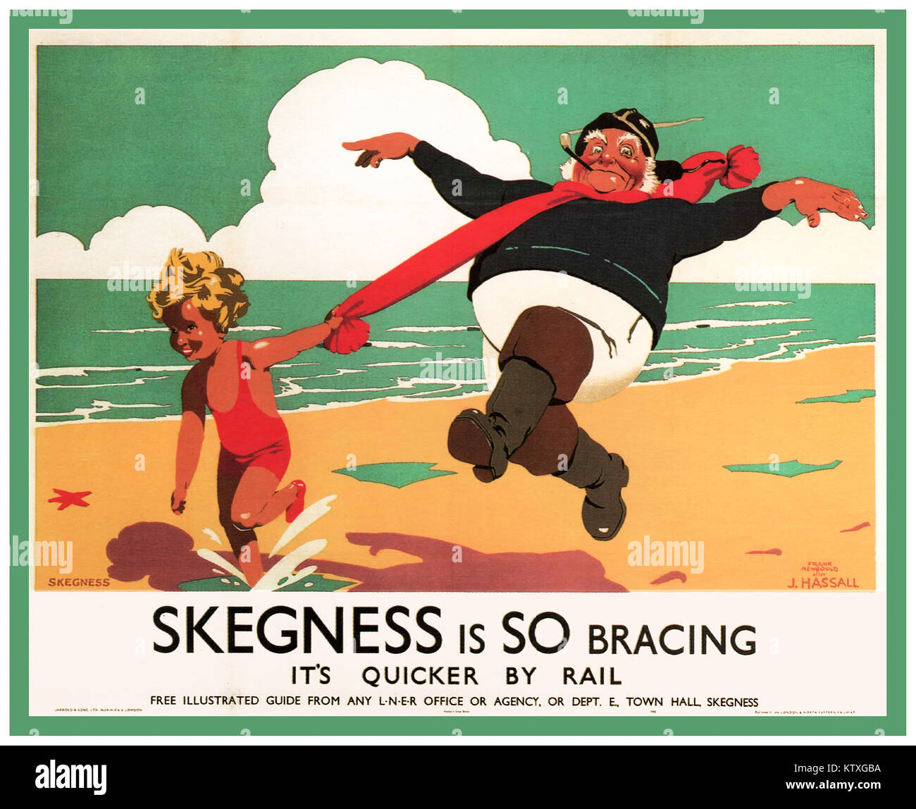 Vintage 1900's British Rail renowned famous travel poster produced for the London & North Eastern Railway (LNER) to promote rail travel to holiday town of Skegness. The poster illustrates a young boy pulling the ‘Jolly Fisherman’ by his red scarf on a sandy beach Stock Photo