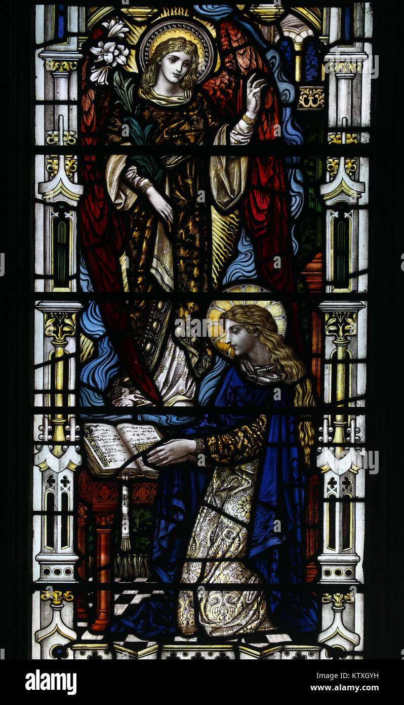 Stained glass window by Powell & Sons depicting The Annunciation, St Mary's Church, Stratford St Mary, Suffolk, England; Stock Photo