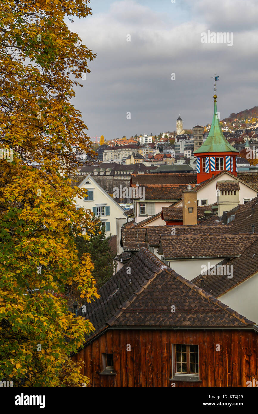 autumnal view over old town of Zurich or Zürich, Switzerland Stock Photo